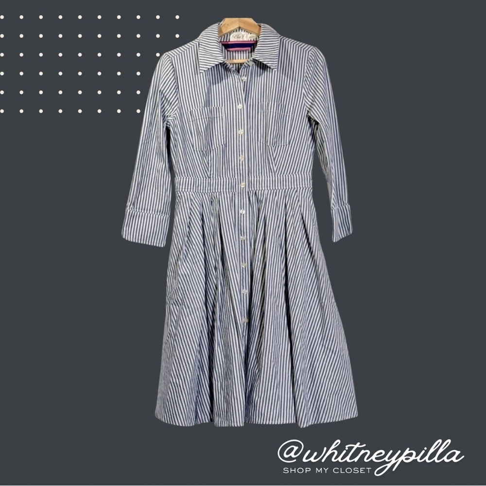 Eliza J Blue and White Striped Long Sleeve Shirt Dress